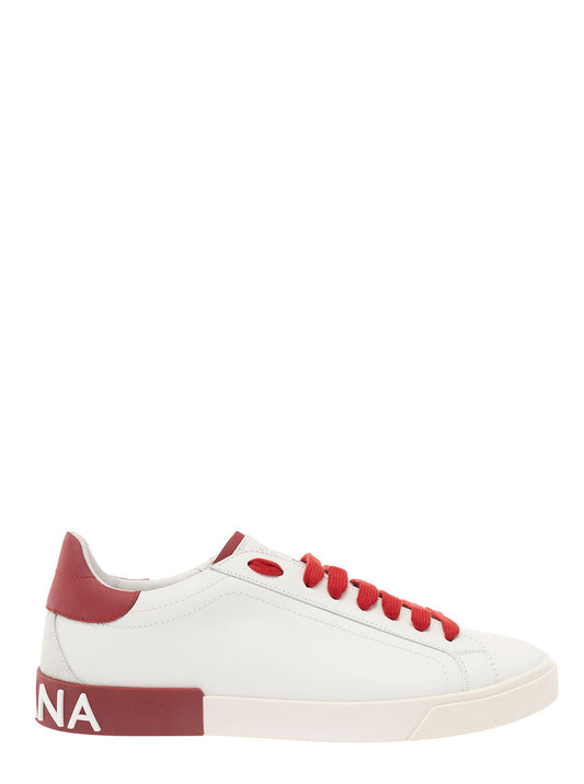 Dolce & Gabbana Men 'Portofino' White And Red Low Top Sneakers With Logo Patch In Leather Man
