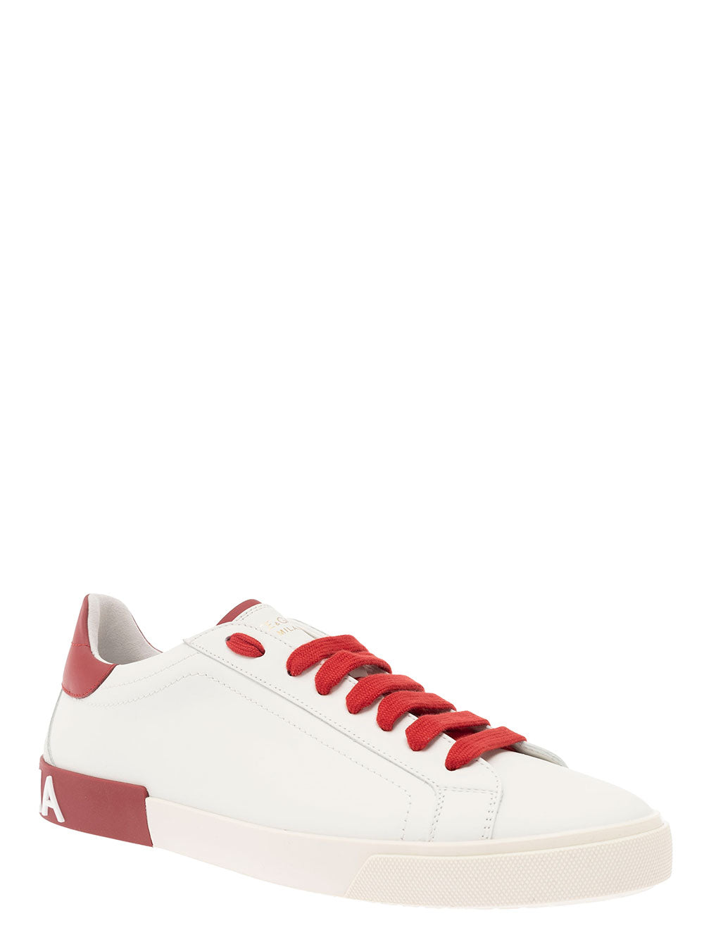 Dolce & Gabbana Men 'Portofino' White And Red Low Top Sneakers With Logo Patch In Leather Man
