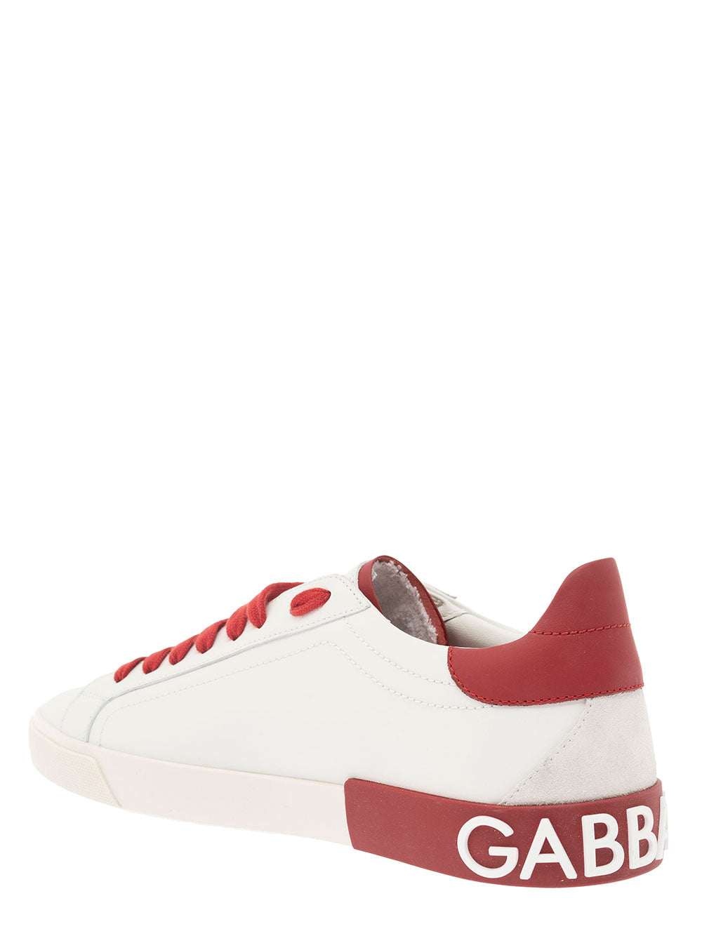 Dolce & Gabbana Men 'Portofino' White And Red Low Top Sneakers With Logo Patch In Leather Man
