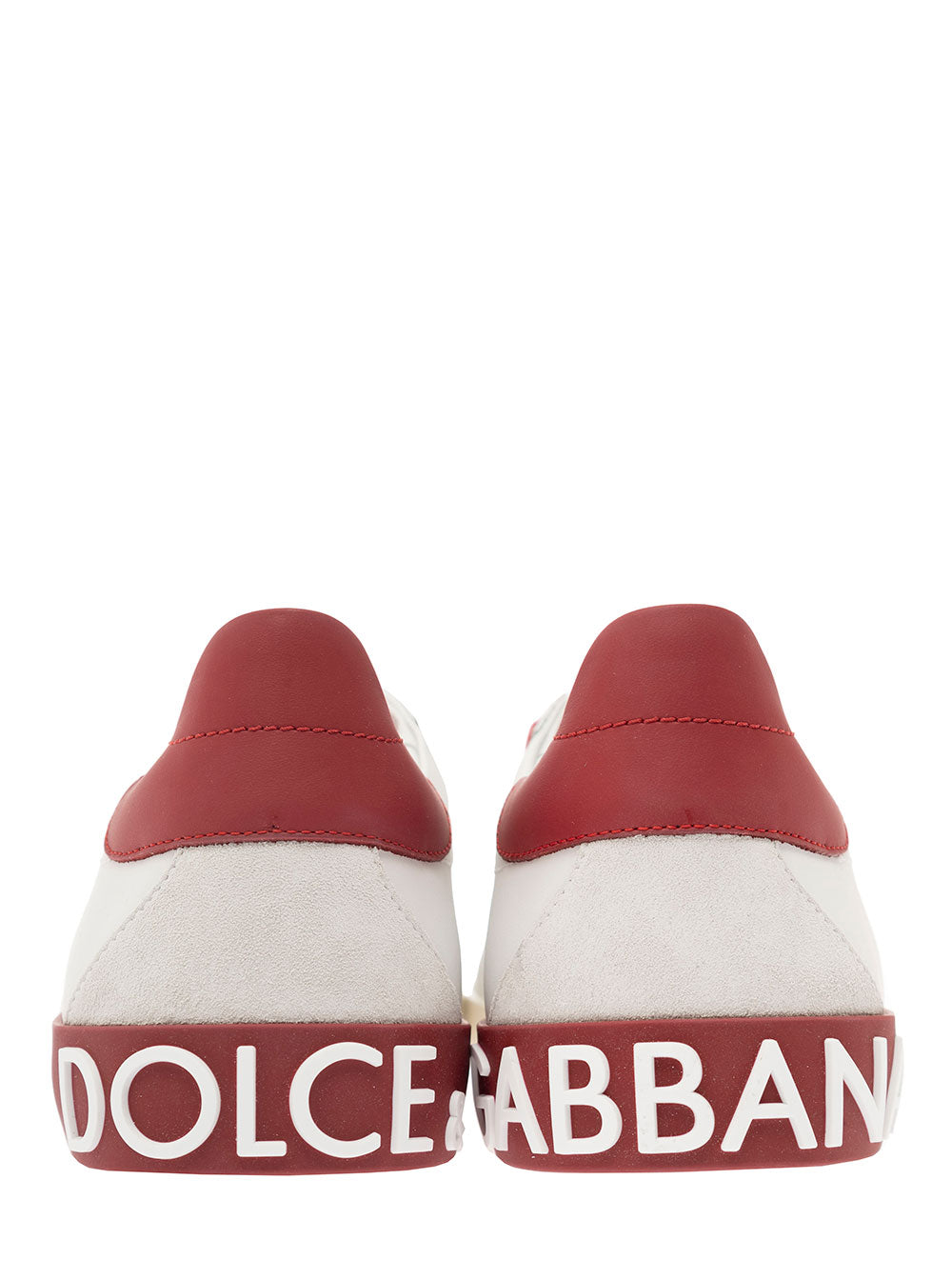 Dolce & Gabbana Men 'Portofino' White And Red Low Top Sneakers With Logo Patch In Leather Man