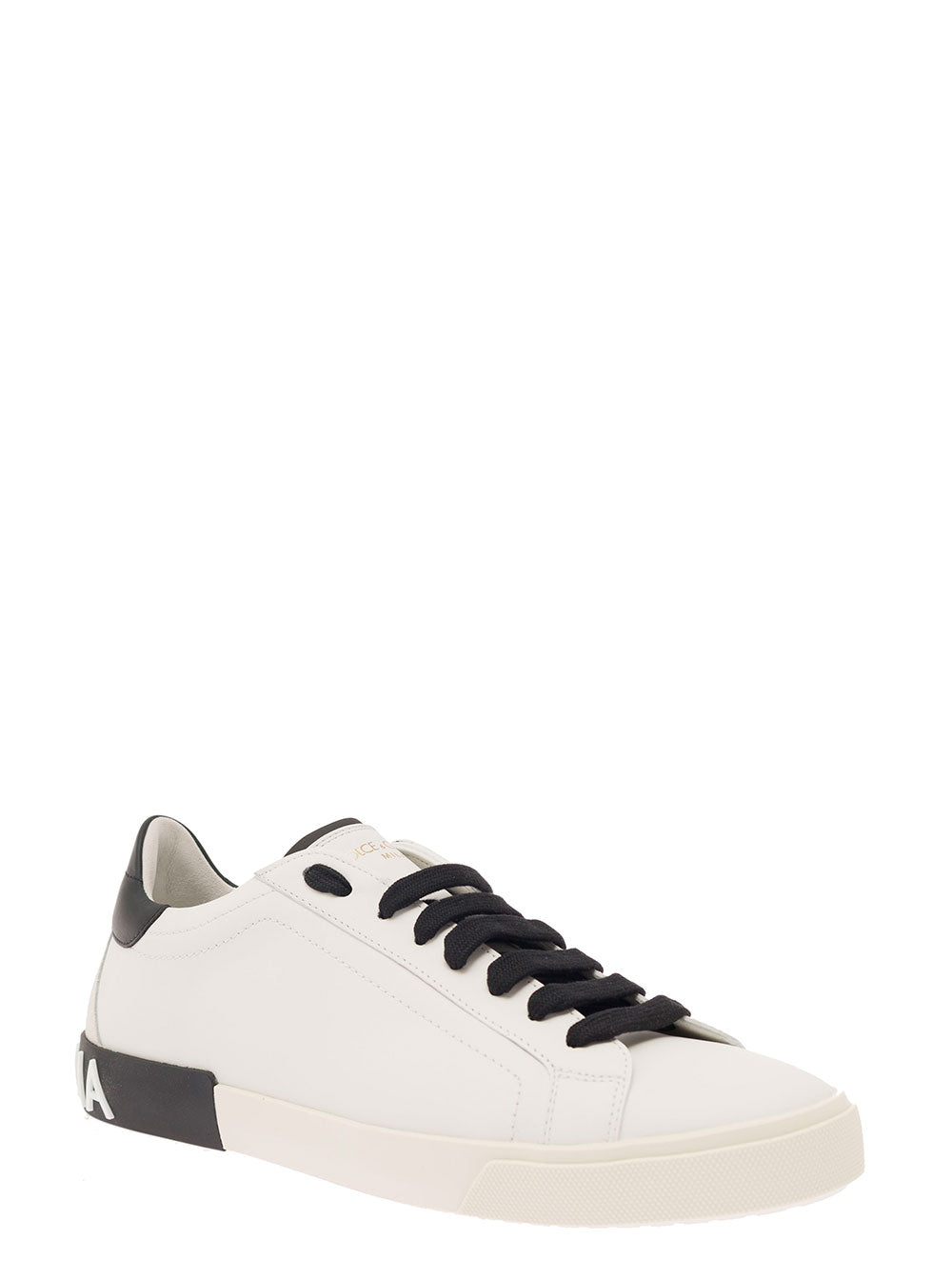 Dolce & Gabbana Men 'Portofino' White Low Top Sneakers With Logo Lettering Detail In Smooth Leather Man