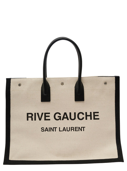 Saint Laurent Men 'Big Rive Gauche' Beige Tote Bag With Contrasting Logo Print In Cotton And Linen Man
