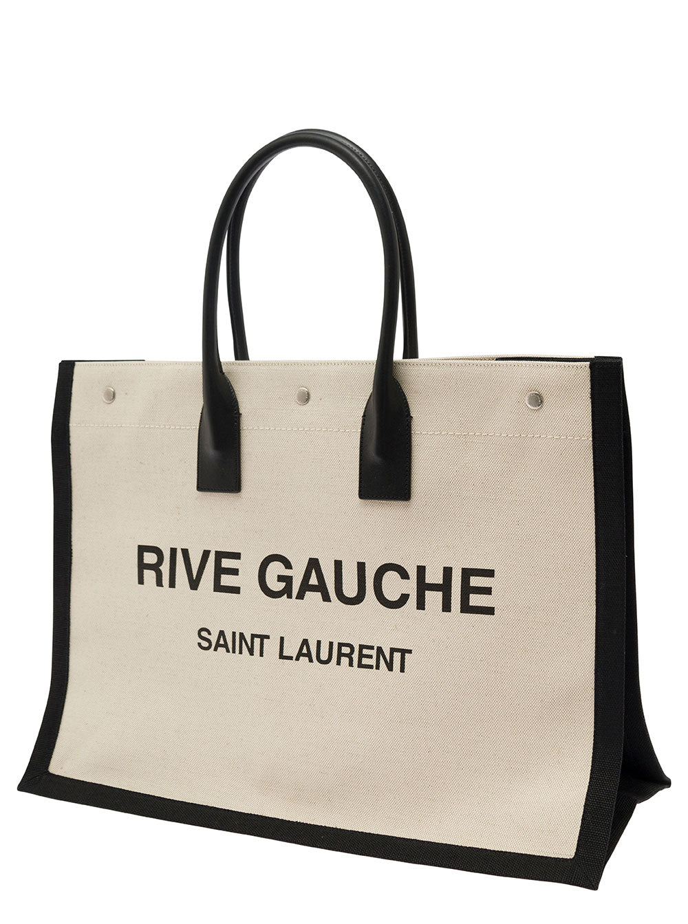 Saint Laurent Men 'Big Rive Gauche' Beige Tote Bag With Contrasting Logo Print In Cotton And Linen Man