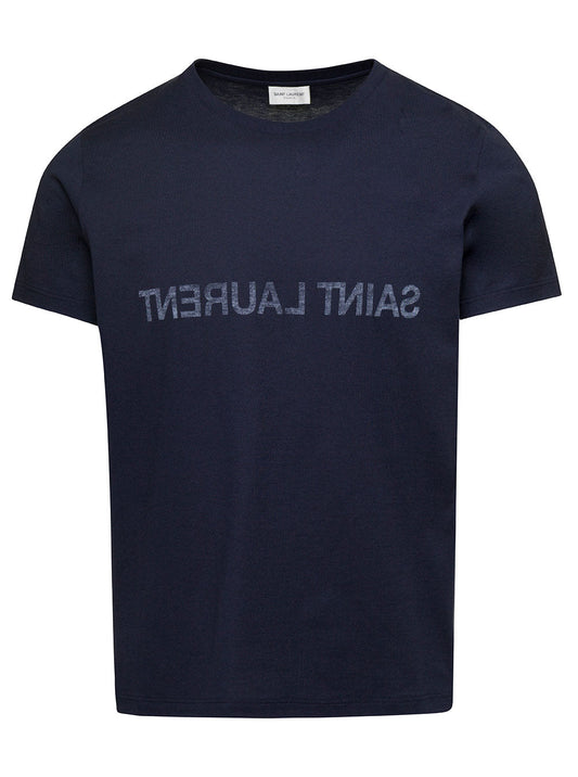 Saint Laurent Men Blue Crewneck T-Shrt With Logo Print In Cotton Man