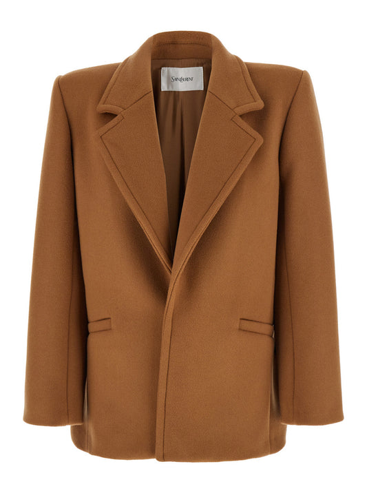 Saint Laurent Women Brown Coat With Classic Lapels And Shoulder Pads In Virgin Wool Woman