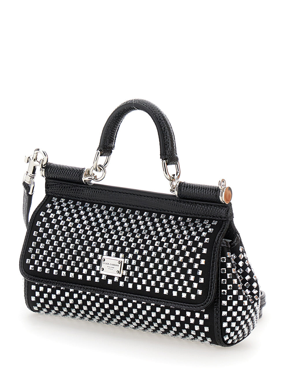 Dolce & Gabbana Women 'Sicily' Black Handbag With All-Over Rhinestone In Satin Blend Woman