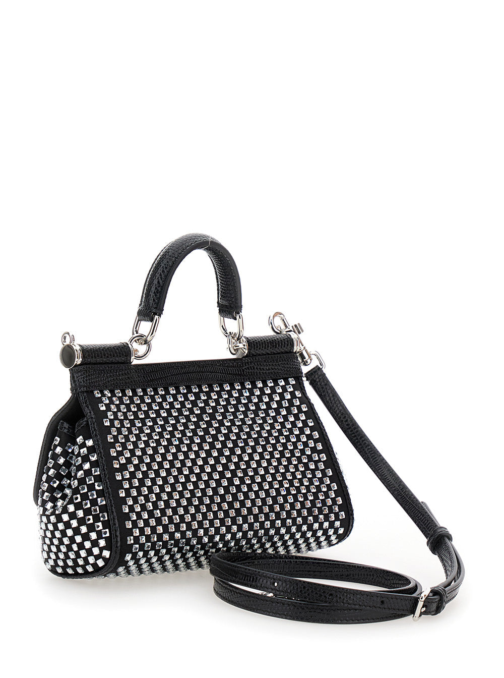 Dolce & Gabbana Women 'Sicily' Black Handbag With All-Over Rhinestone In Satin Blend Woman