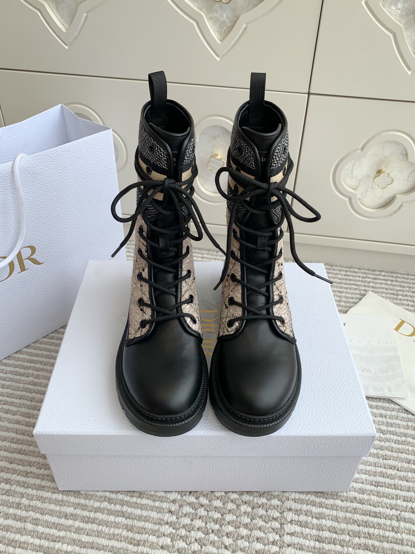 DIOR D-Major Ankle Boot In Dark Beige Mix Black Canvas And Cowhide 105071