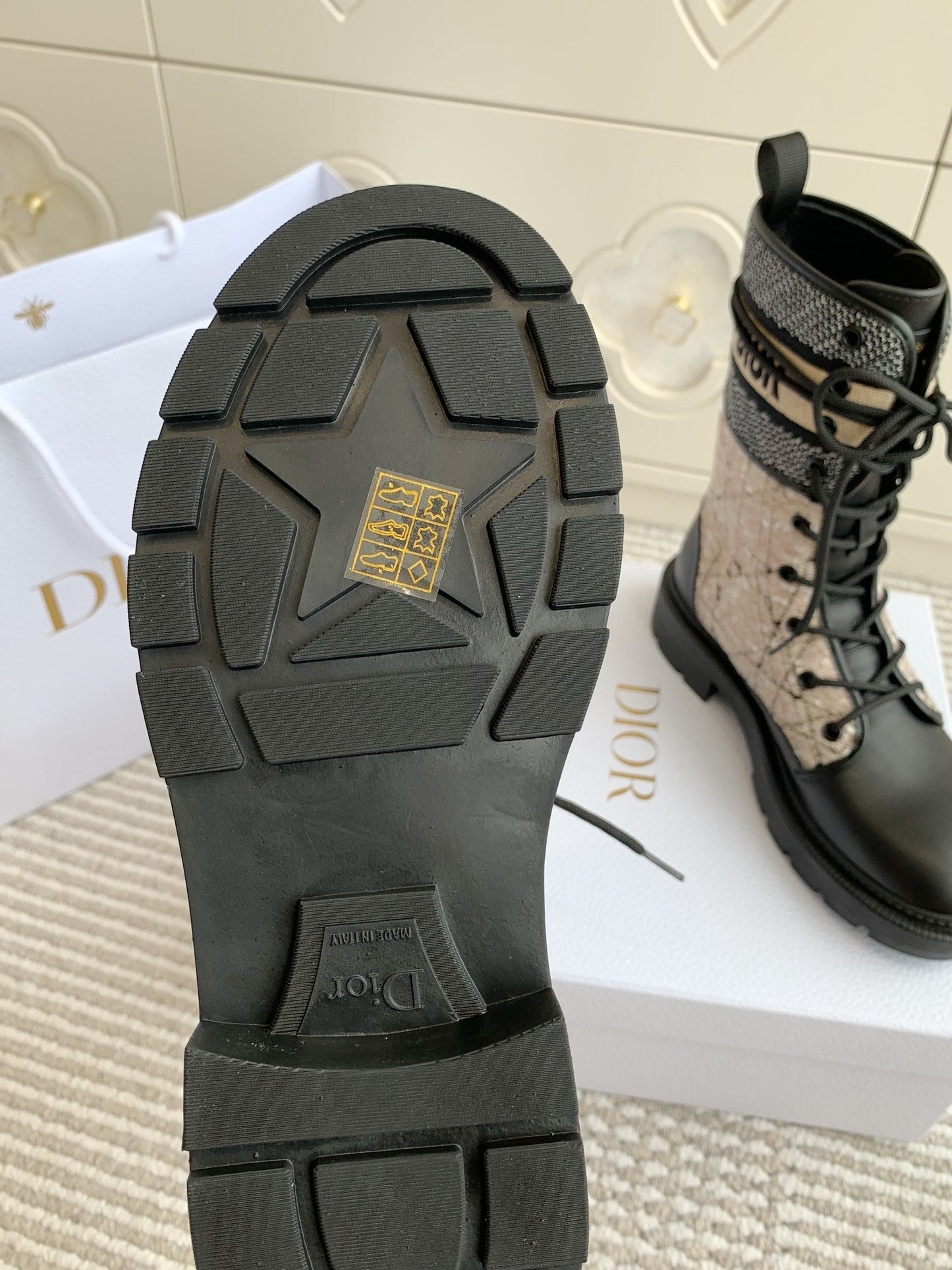 DIOR D-Major Ankle Boot In Dark Beige Mix Black Canvas And Cowhide 105071