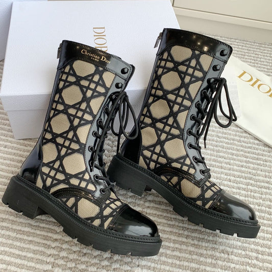 DIOR D-Unit Ankle Boot In Dark Beige Mix Black Canvas And Glossy Cowhide  105082