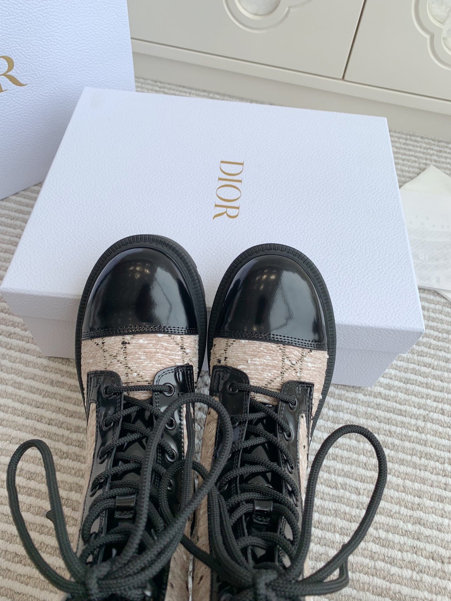 DIOR D-Unit Ankle Boot In Beige Mix Black Tweed Fabric And Glossy Cowhide 105088