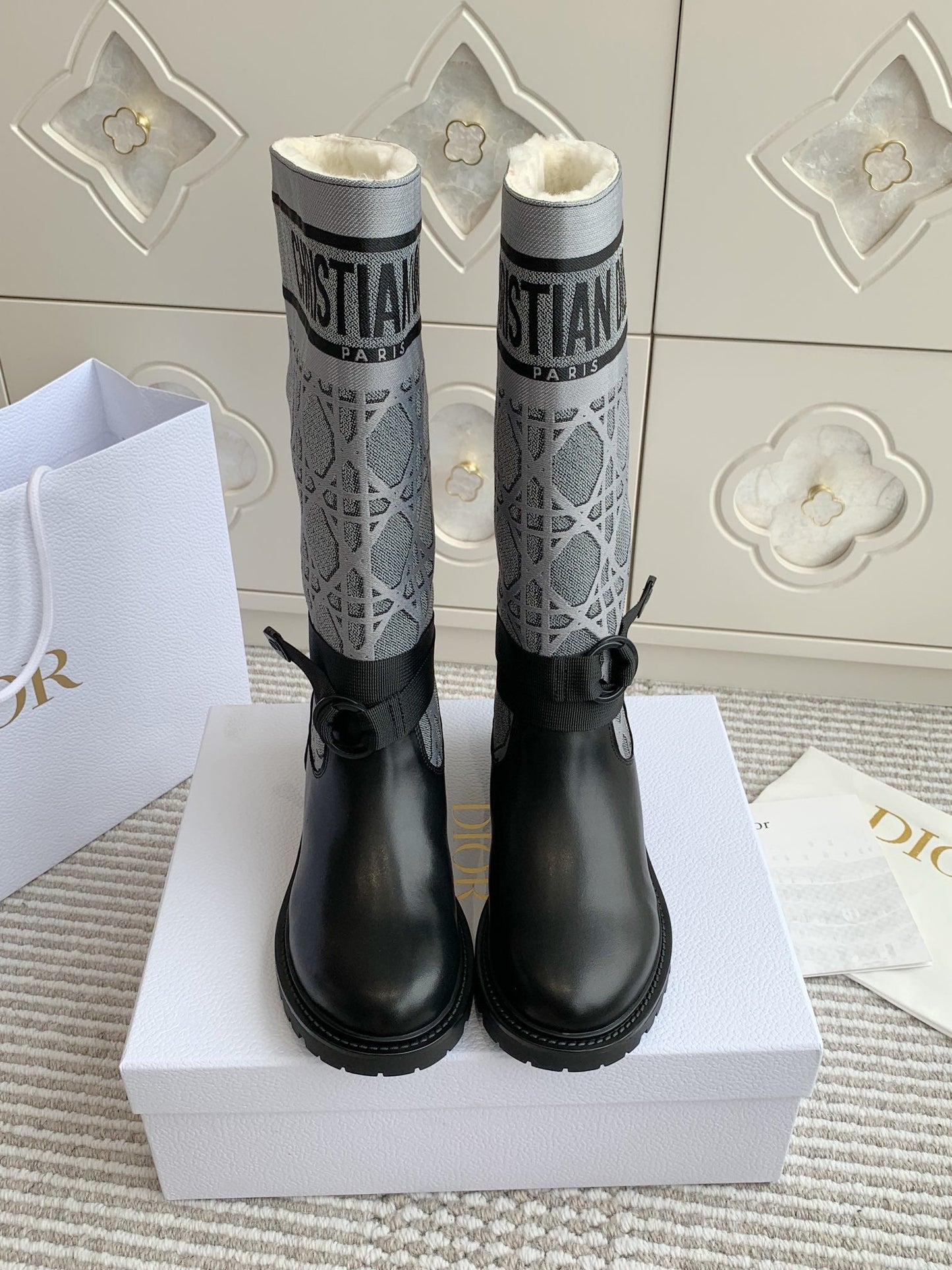 DIOR D-Major Boot In Grey Mix Black Denim Fabric With Fleece Lining 105070