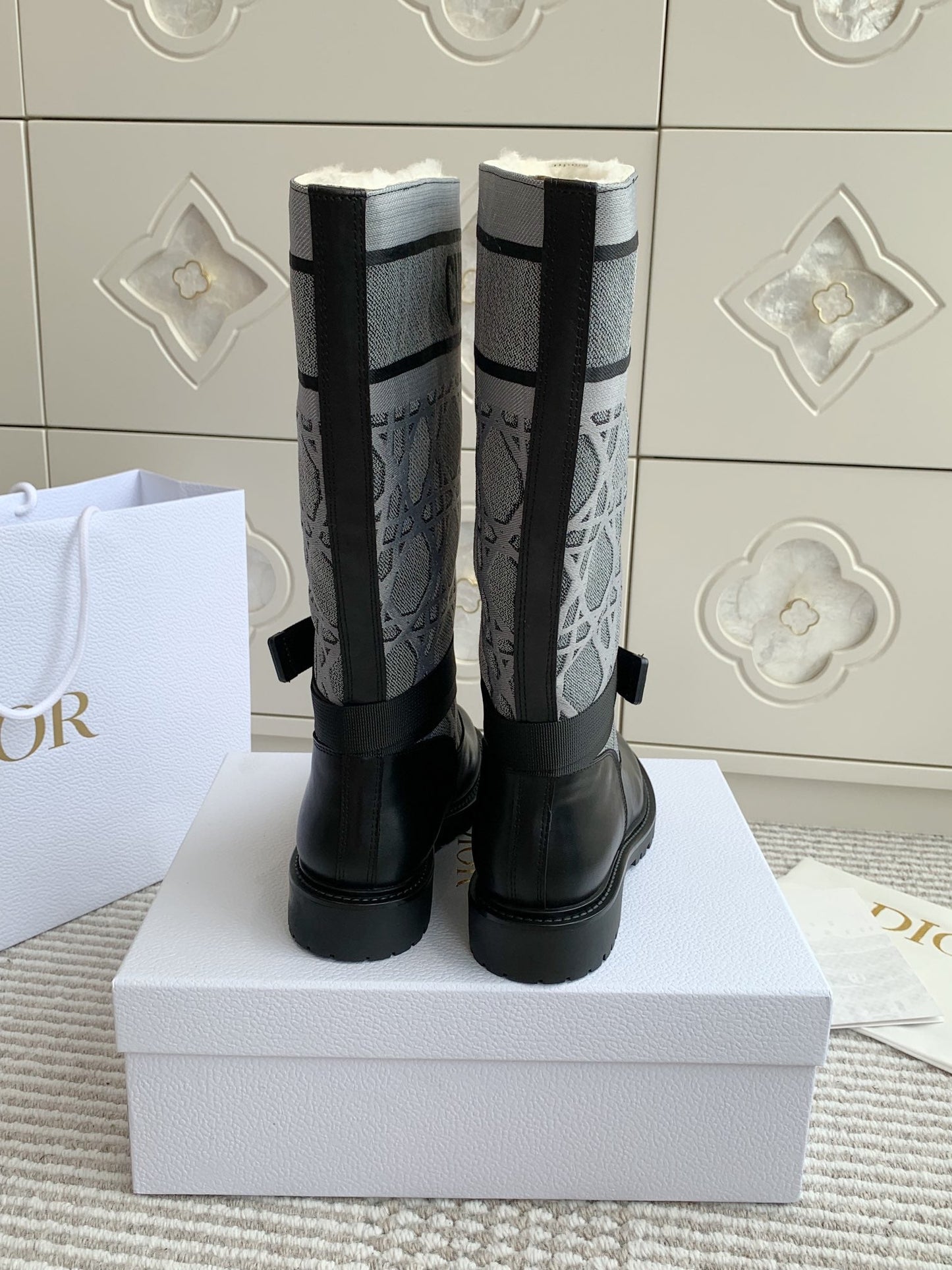 DIOR D-Major Boot In Grey Mix Black Denim Fabric With Fleece Lining 105070