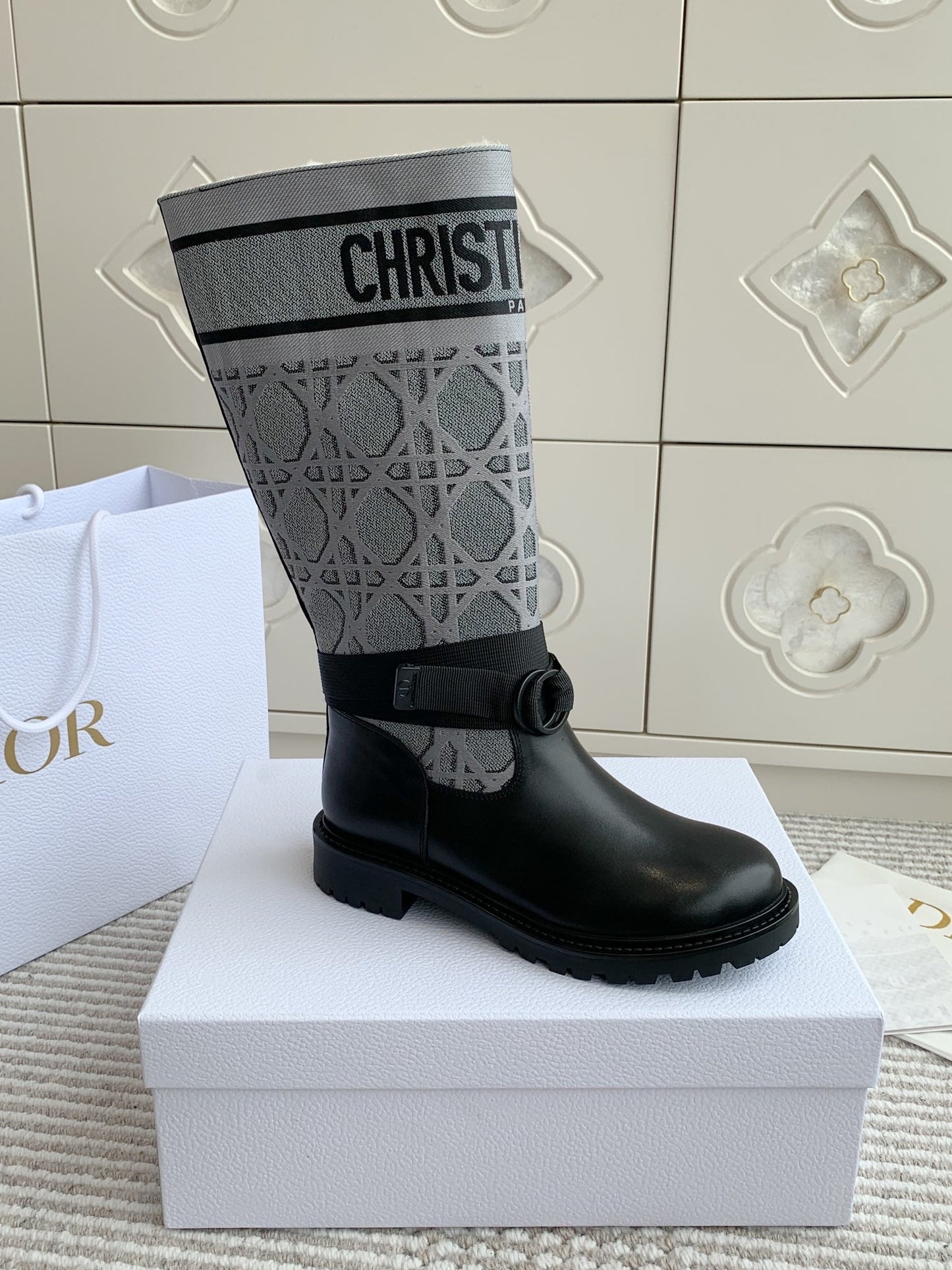 DIOR D-Major Boot In Grey Mix Black Denim Fabric With Fleece Lining 105070