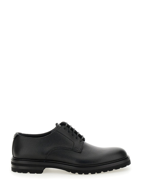 Dolce & Gabbana Men 'Altavilla' Black Derby Lace-Up Shoes With Metal Dg Logo On Heel In Brushed Leather Man