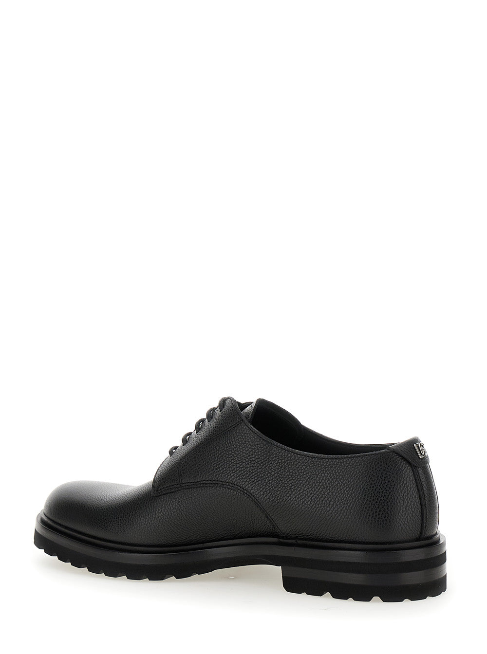 Dolce & Gabbana Men 'Altavilla' Black Derby Lace-Up Shoes With Metal Dg Logo On Heel In Brushed Leather Man