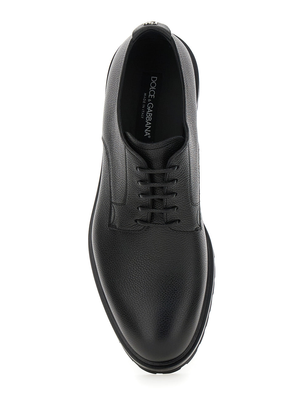 Dolce & Gabbana Men 'Altavilla' Black Derby Lace-Up Shoes With Metal Dg Logo On Heel In Brushed Leather Man