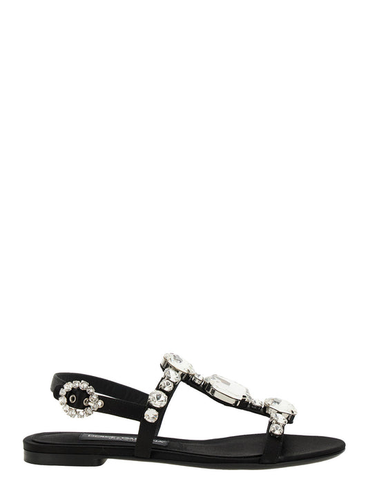 Dolce & Gabbana Women Black Sandals With Embroidered Stones Decorations In Satin Woman