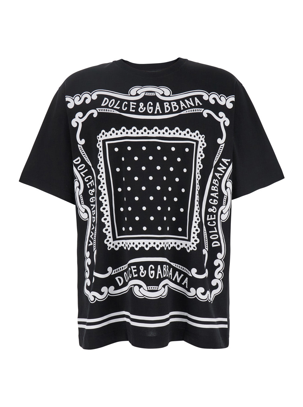 Dolce & Gabbana Men Black Crewneck T-Shirt With Bandana Print All-Over In Cotton Woman
