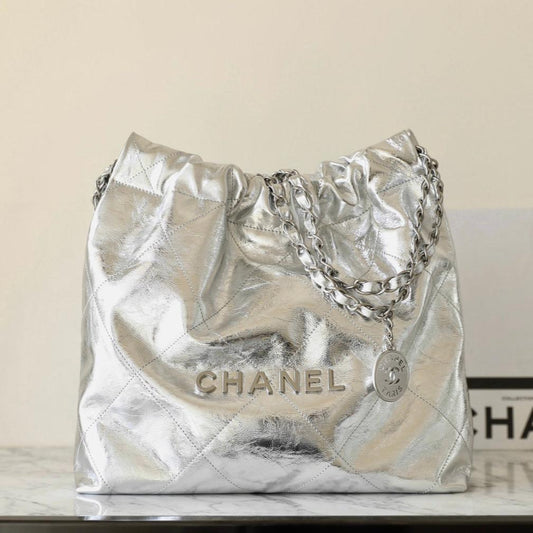 CHANEL 25C Hobo 22 Bag 35cm Silver Metalic Lambskin