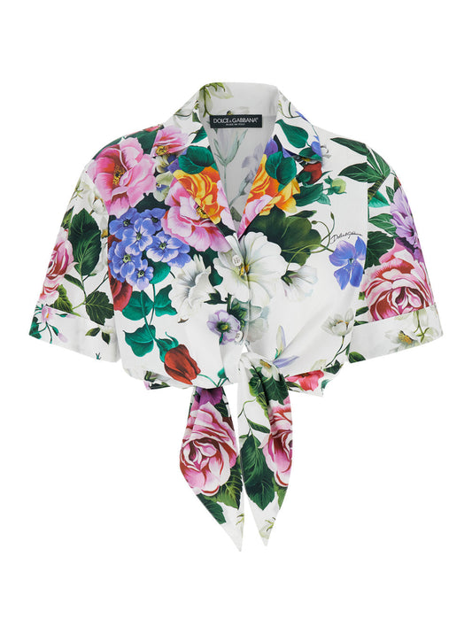 Dolce & Gabbana Women Multicolor Crop Shirt With All-Over Floral Motif And Logo Lettering Detail On The Front In Cotton Woman