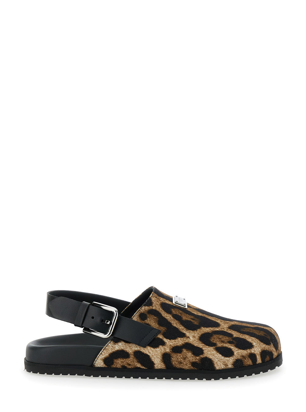 Dolce & Gabbana Men Brown Mules With Logo Plaque On The Front And Leopard Motif In Leather And Cotton Blend Man