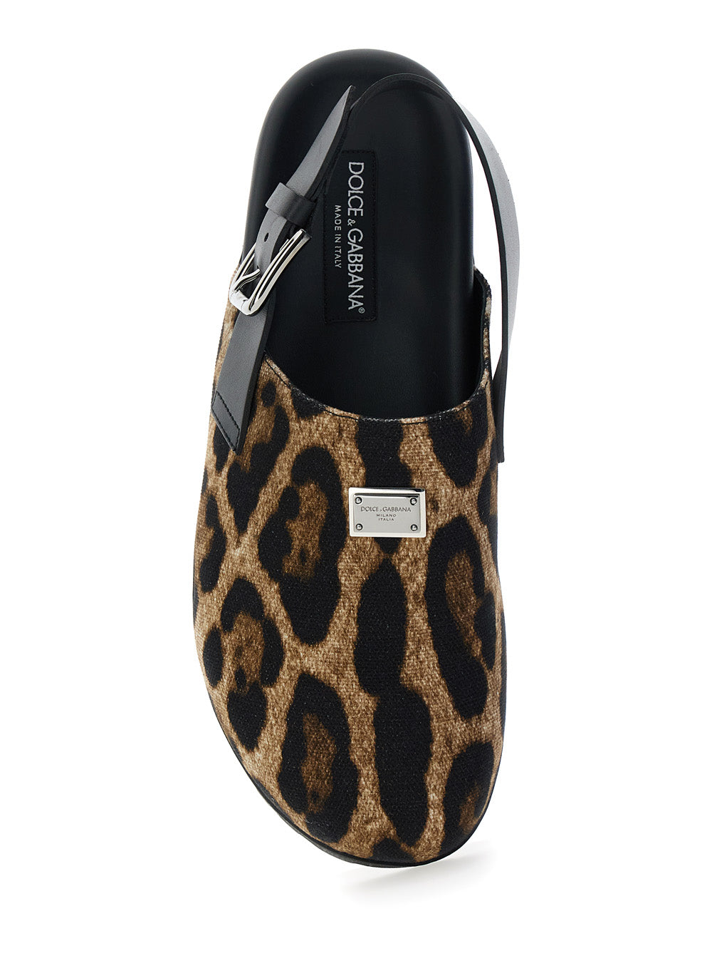 Dolce & Gabbana Men Brown Mules With Logo Plaque On The Front And Leopard Motif In Leather And Cotton Blend Man