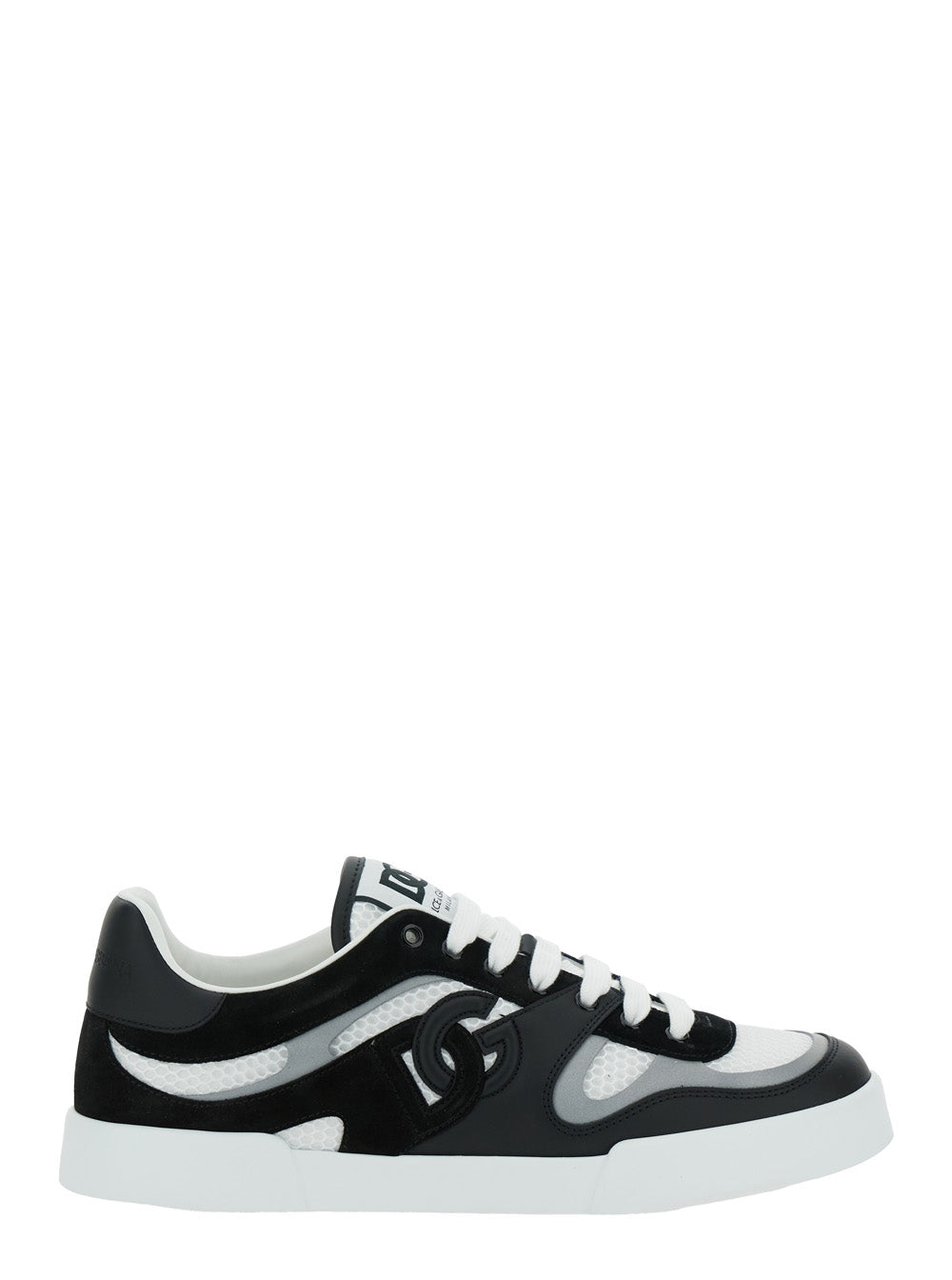Dolce & Gabbana Men 'Portofino' Black And White Sneakers With Logo Patch On The Tongue And Logo Detail On The Side In Leather Blend Man
