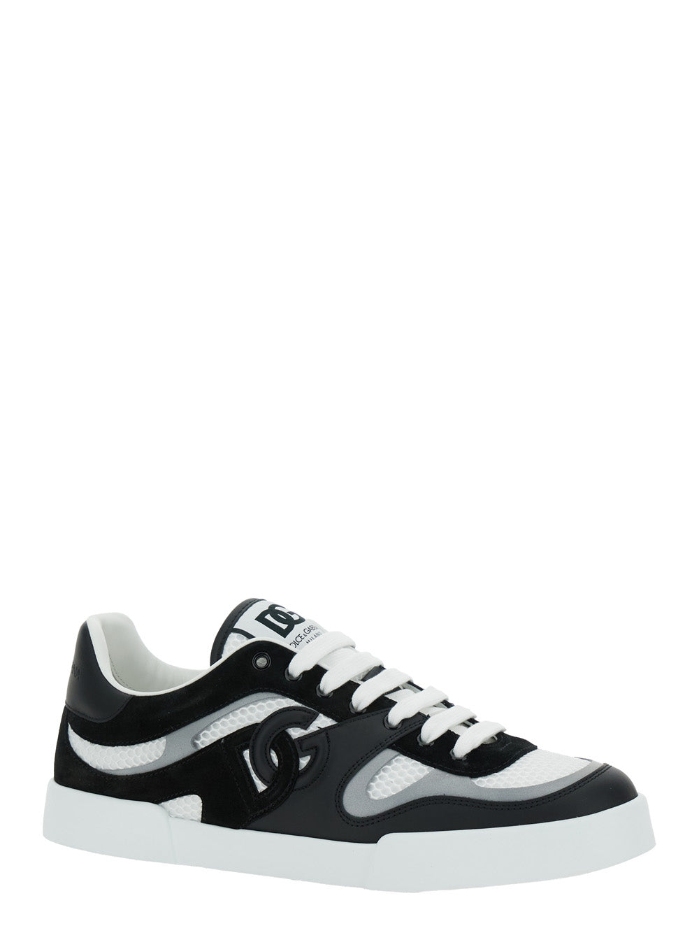 Dolce & Gabbana Men 'Portofino' Black And White Sneakers With Logo Patch On The Tongue And Logo Detail On The Side In Leather Blend Man