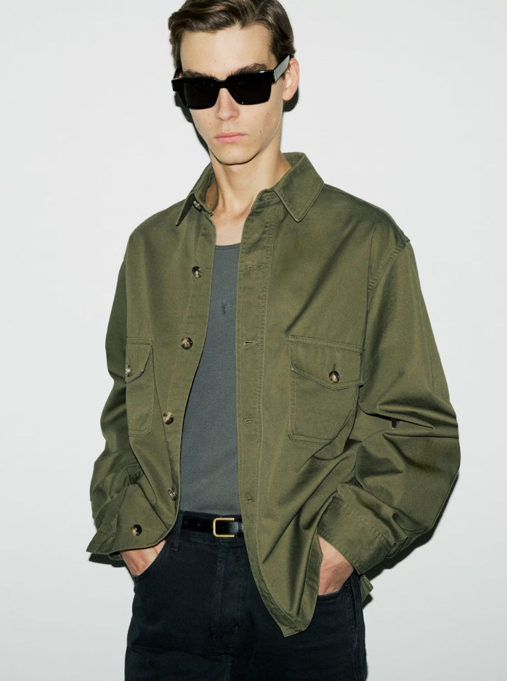 Saint Laurent Men Green Jacket With Pockets On The Front In Cotton Man