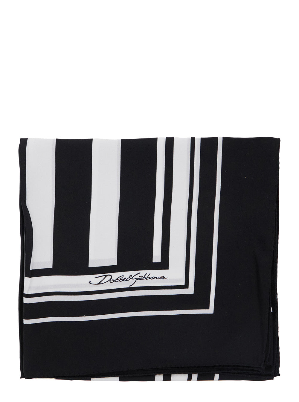 Dolce & Gabbana Men Black And White Square Scarf With Logo Lettering On The Front And All-Over Striped Motif In Silk Man