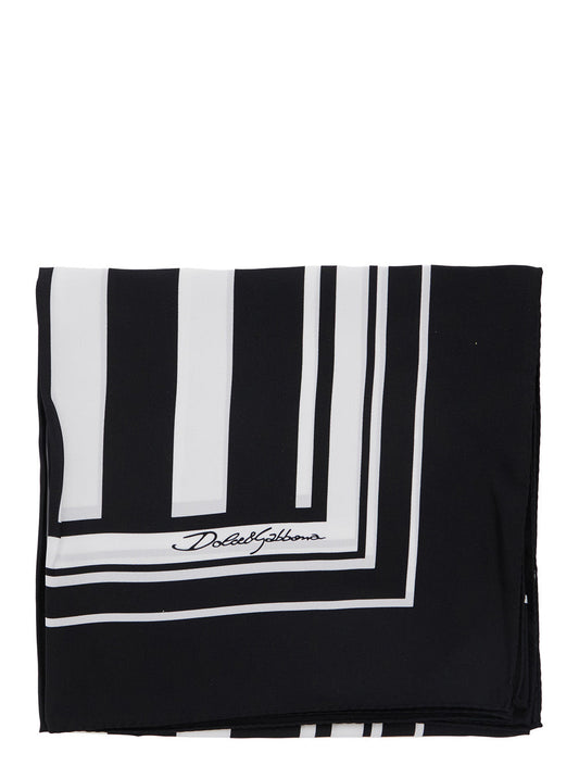 Dolce & Gabbana Men Black And White Square Scarf With Logo Lettering On The Front And All-Over Striped Motif In Silk Man