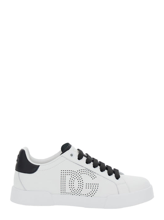 Dolce & Gabbana Women 'Portofino Light' White Sneakers With Perforated Logo On The Side And Logo Patch On The Tongue In Leather Woman