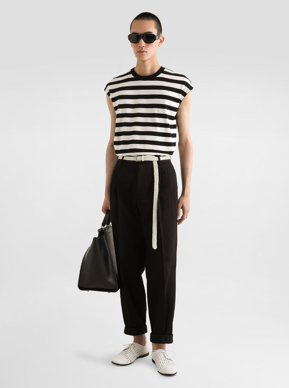 Dolce & Gabbana Men Black And White Sleeveless Top With Round Neck And All-Over Strpied Motif In Cotton Woman