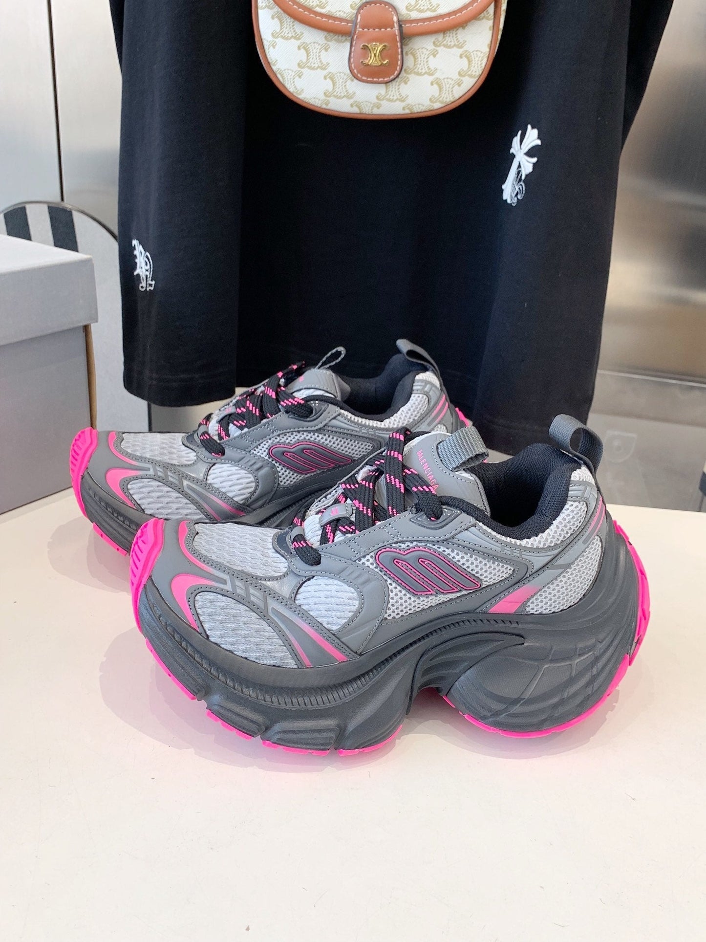 Balanciaga DAD SHOES IN GRAY MIX PINK MESH AND CALFSKIN