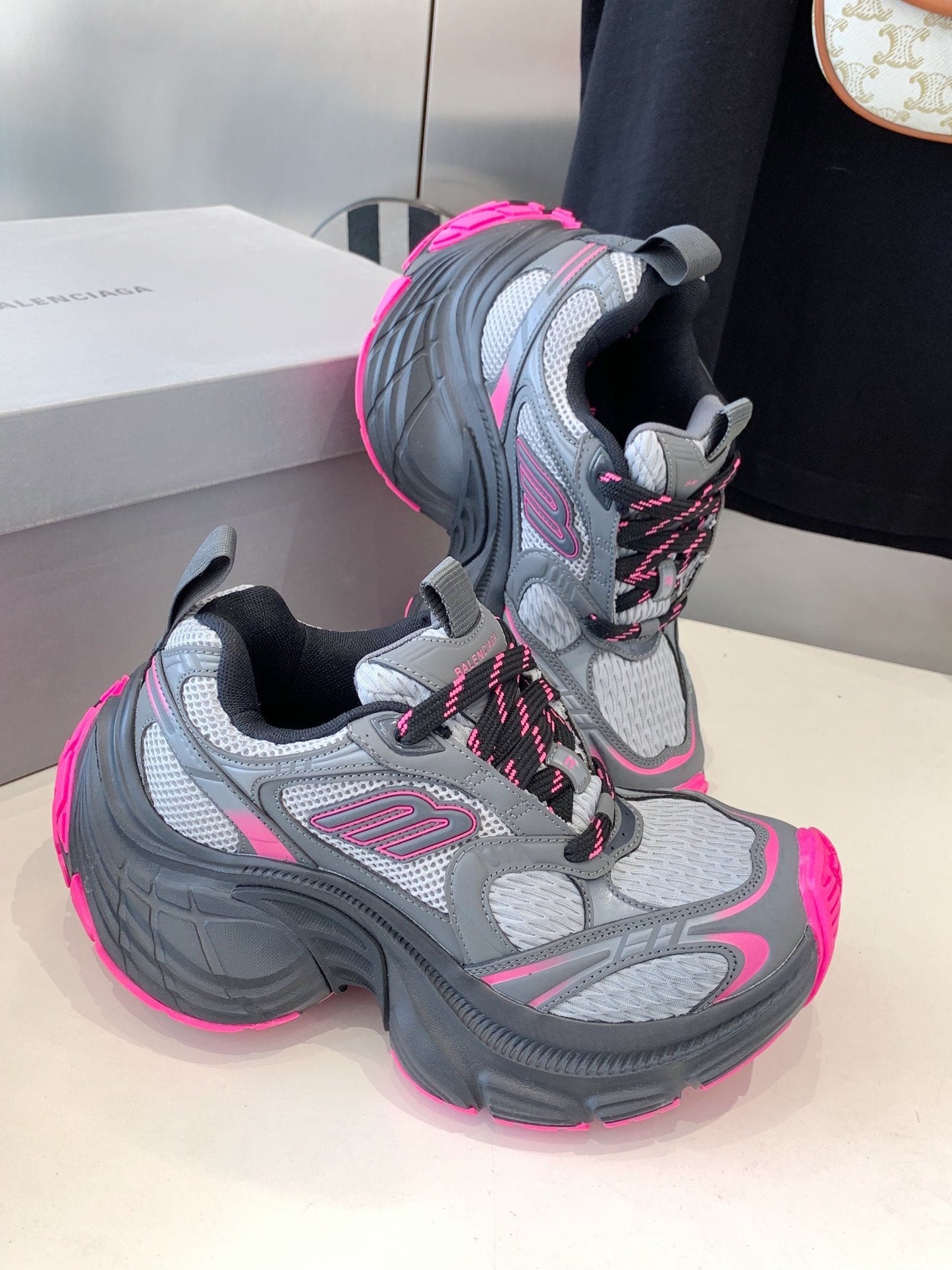 Balanciaga DAD SHOES IN GRAY MIX PINK MESH AND CALFSKIN