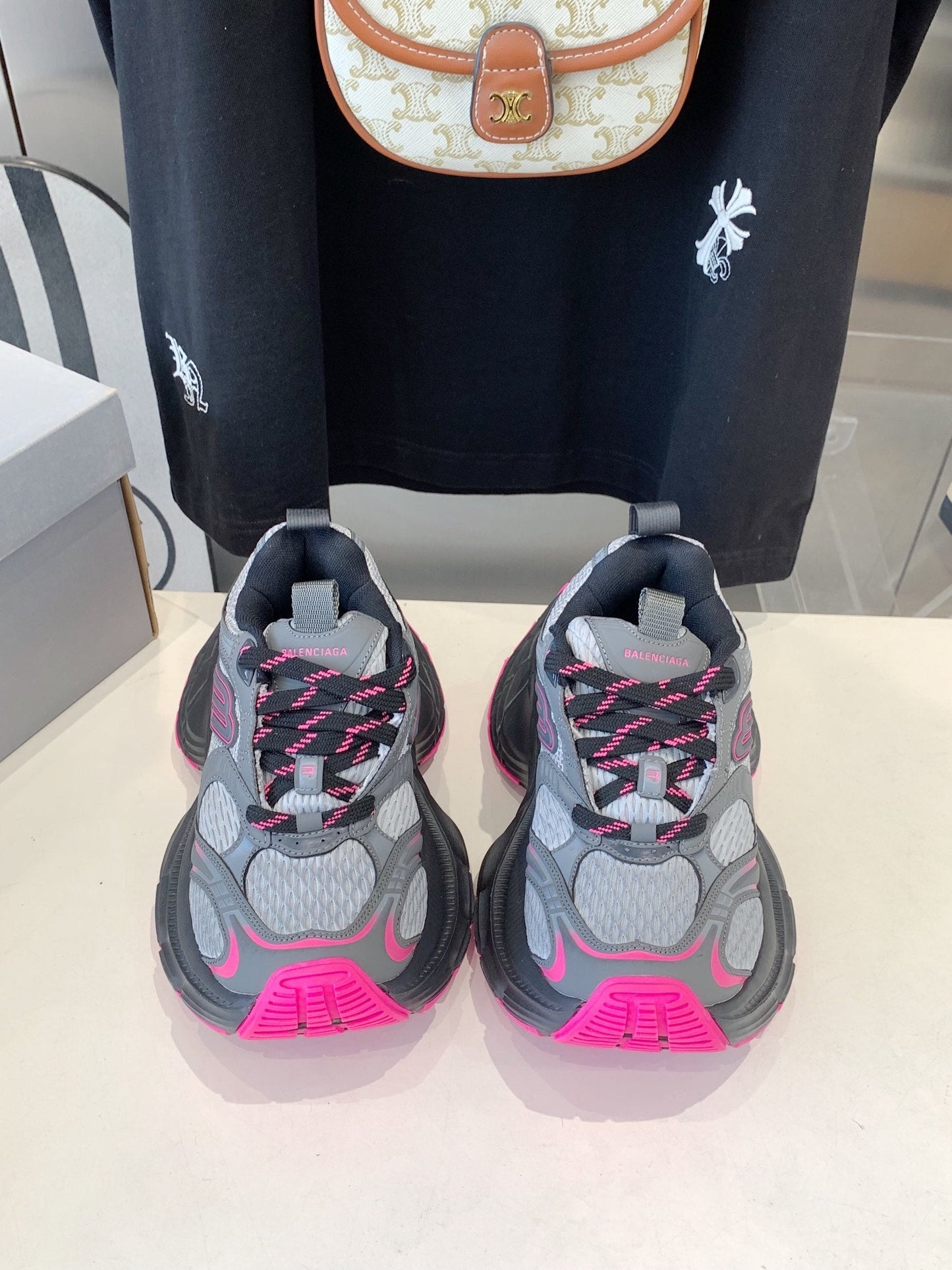 Balanciaga DAD SHOES IN GRAY MIX PINK MESH AND CALFSKIN