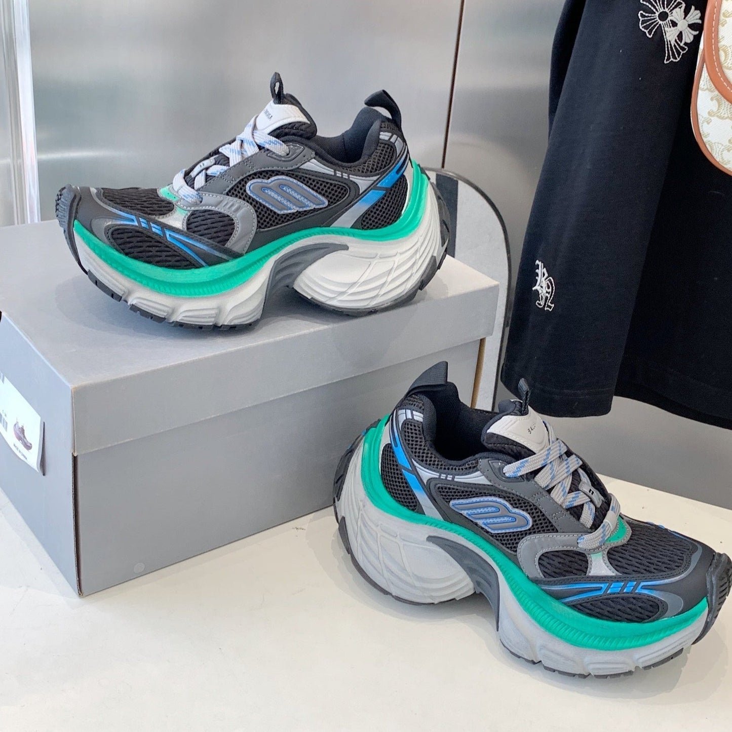 Balanciaga DAD SHOES IN GRAY MIX MINT GREEN AND BLUE MESH AND CALFSKIN