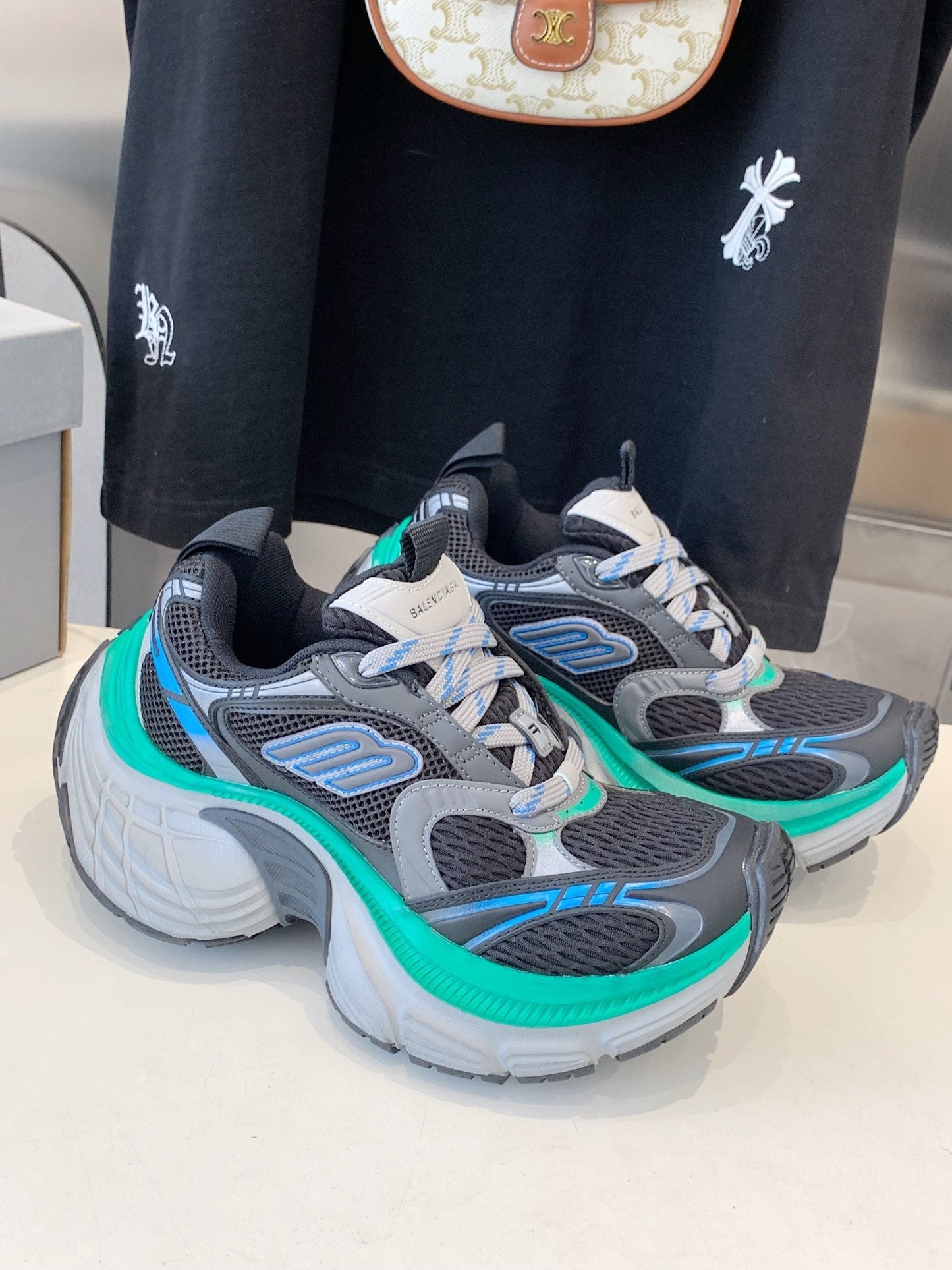 Balanciaga DAD SHOES IN GRAY MIX MINT GREEN AND BLUE MESH AND CALFSKIN