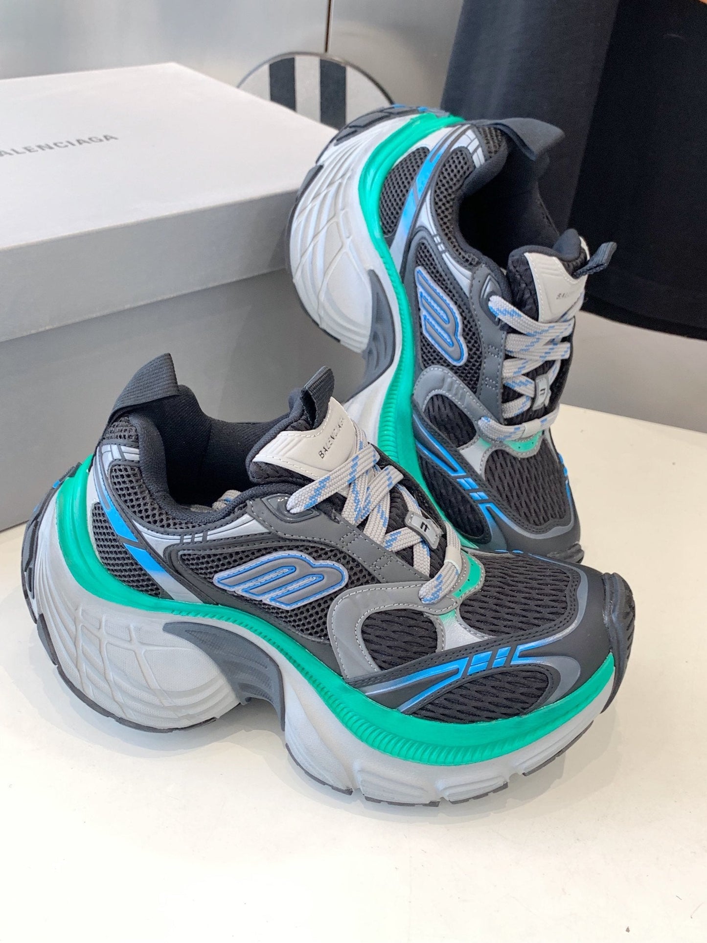 Balanciaga DAD SHOES IN GRAY MIX MINT GREEN AND BLUE MESH AND CALFSKIN
