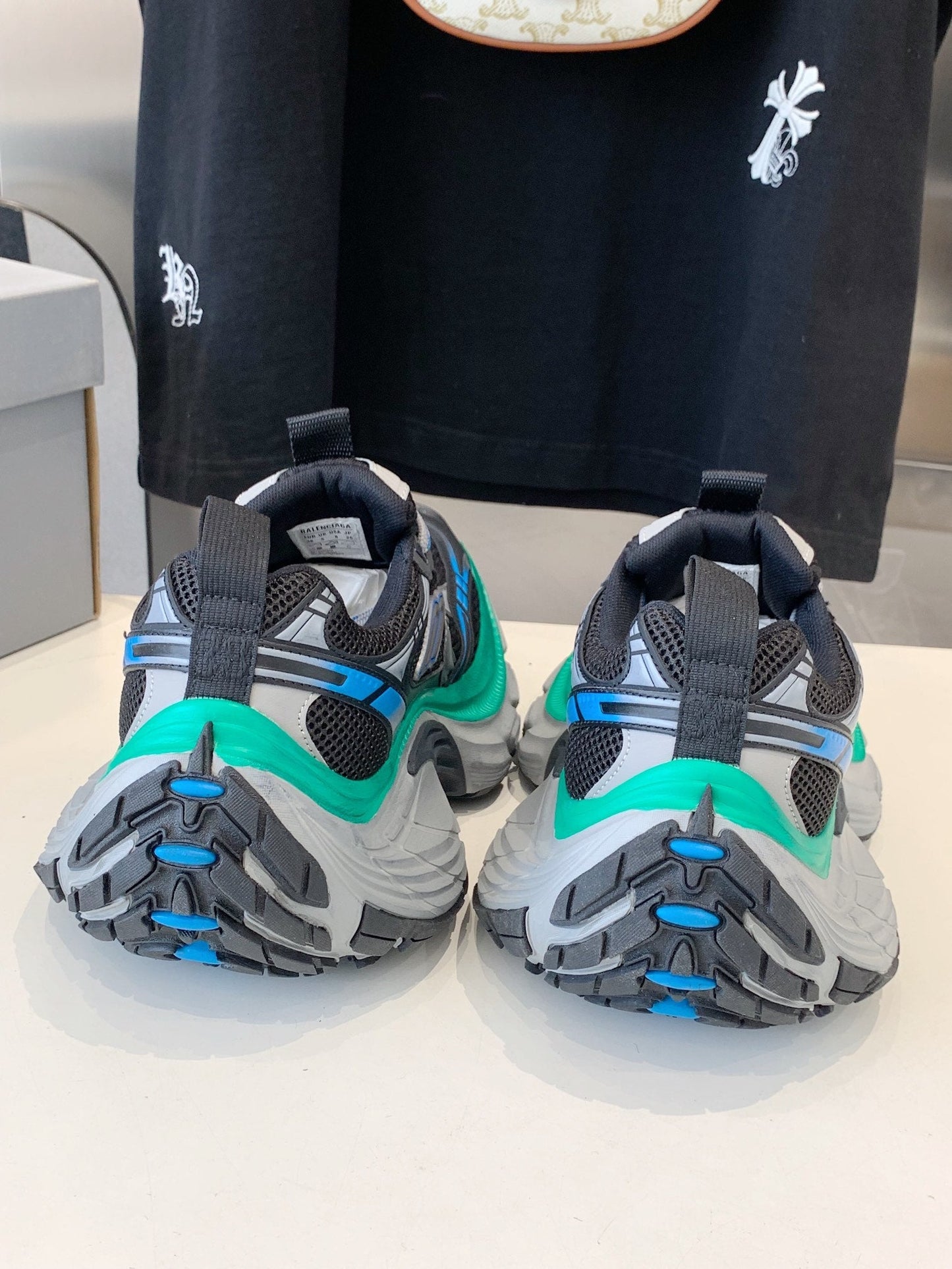 Balanciaga DAD SHOES IN GRAY MIX MINT GREEN AND BLUE MESH AND CALFSKIN