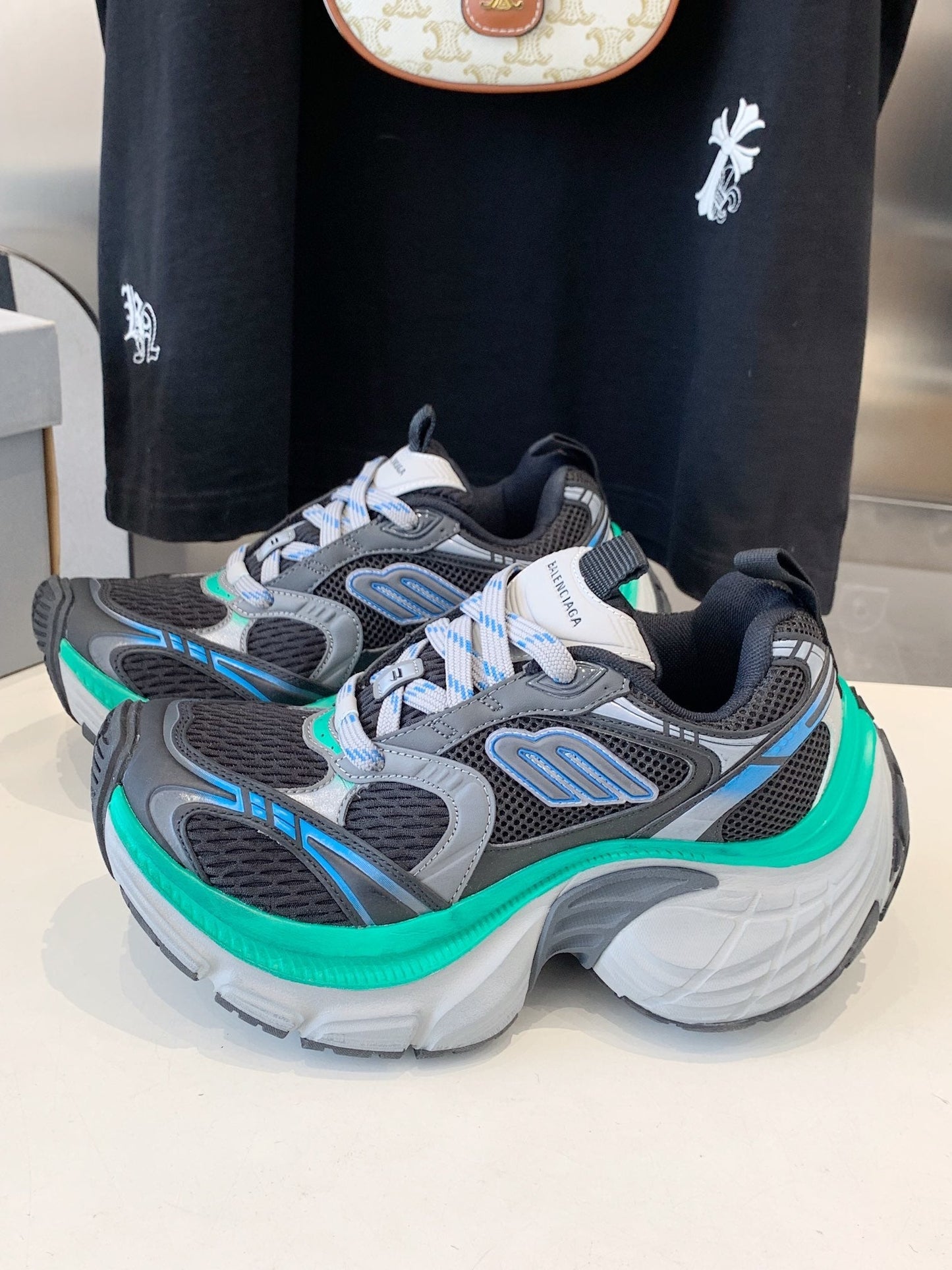 Balanciaga DAD SHOES IN GRAY MIX MINT GREEN AND BLUE MESH AND CALFSKIN