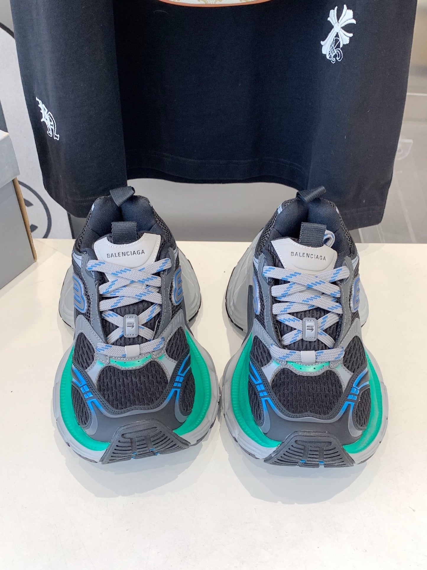 Balanciaga DAD SHOES IN GRAY MIX MINT GREEN AND BLUE MESH AND CALFSKIN