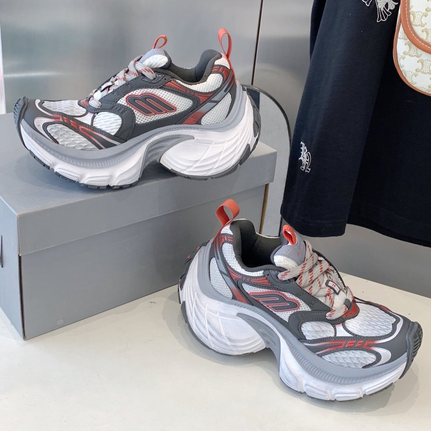 Balanciaga DAD SHOES IN GREY RED WHITE MESH AND CALFSKIN
