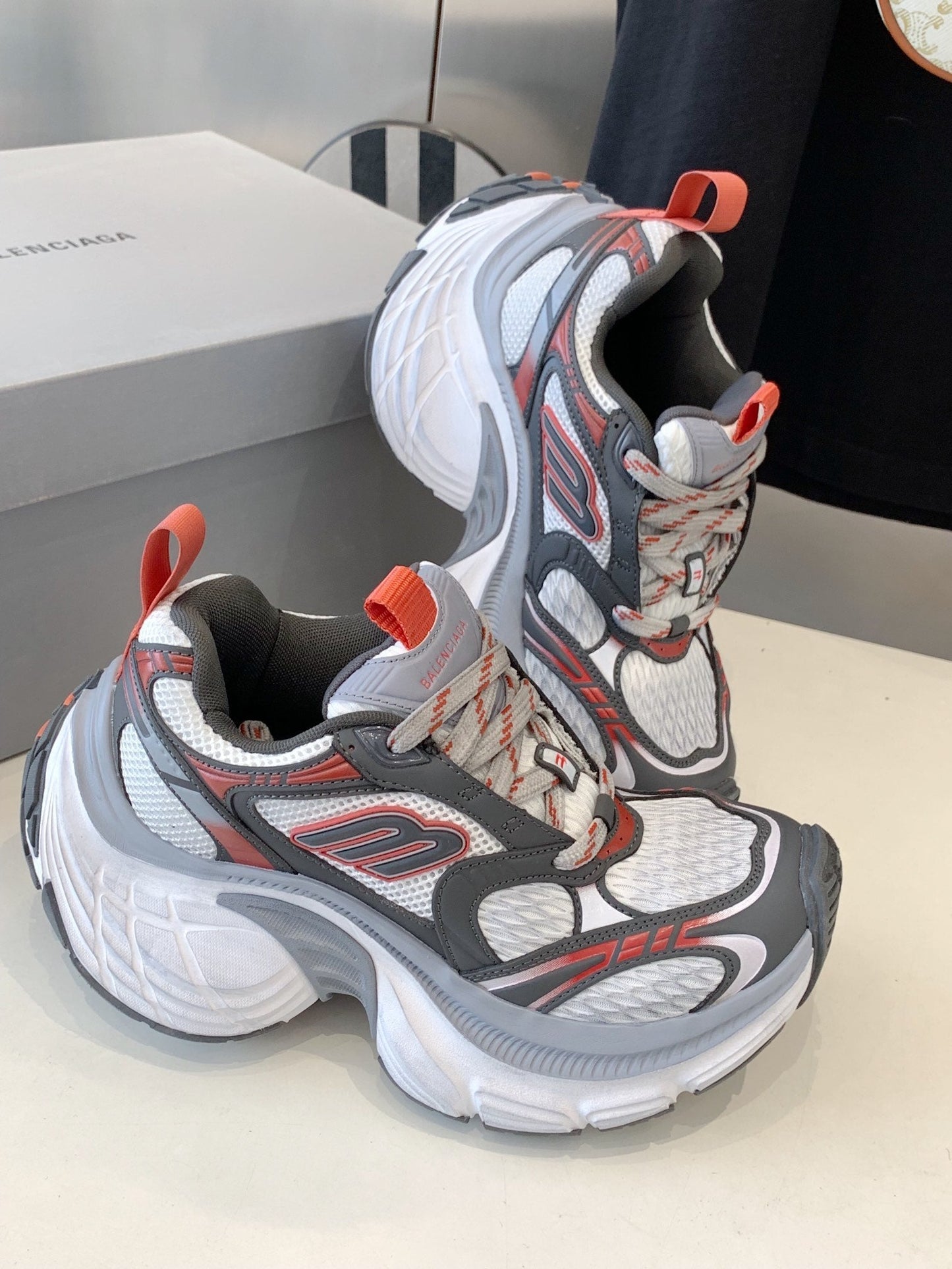 Balanciaga DAD SHOES IN GREY RED WHITE MESH AND CALFSKIN
