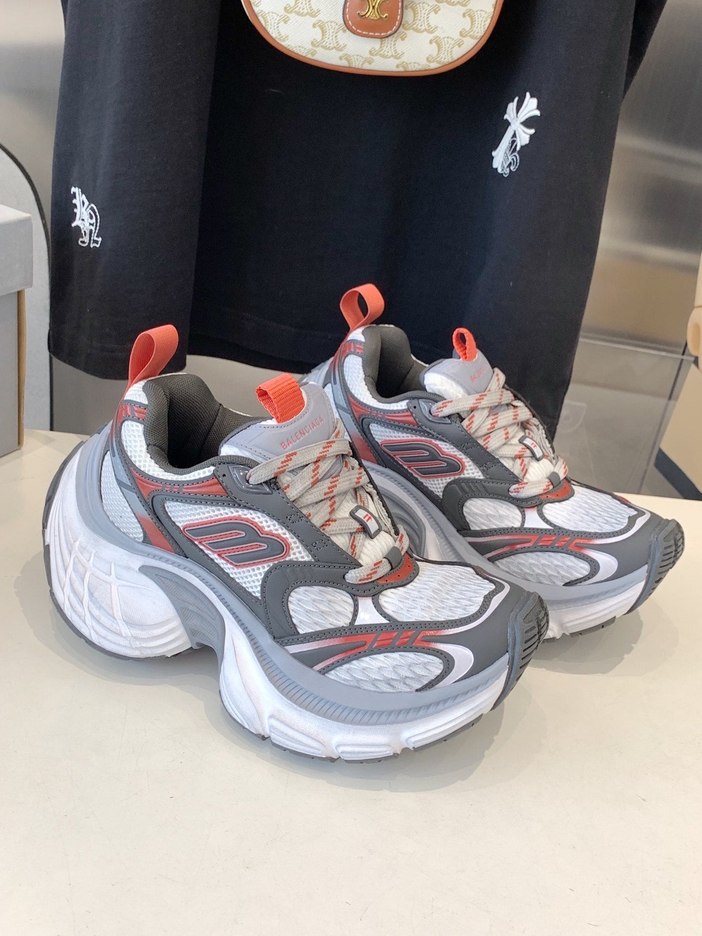 Balanciaga DAD SHOES IN GREY RED WHITE MESH AND CALFSKIN