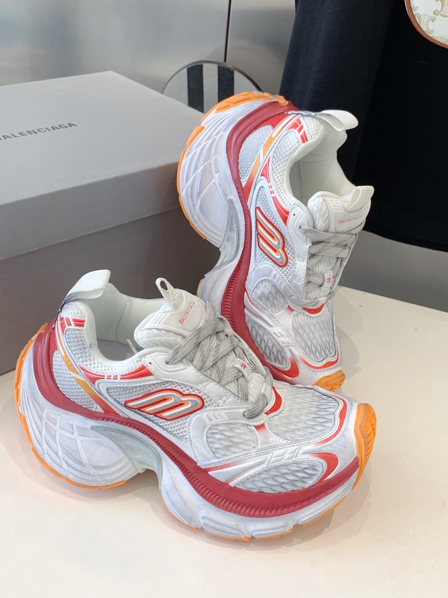 Balanciaga DAD SHOES IN RED ORANGE AND DUST WHITE MESH AND CALFSKIN