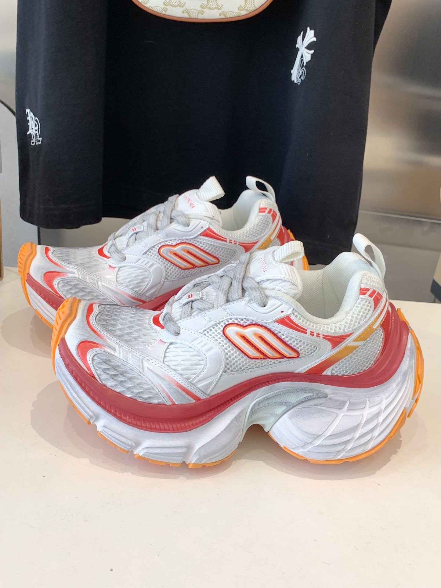 Balanciaga DAD SHOES IN RED ORANGE AND DUST WHITE MESH AND CALFSKIN