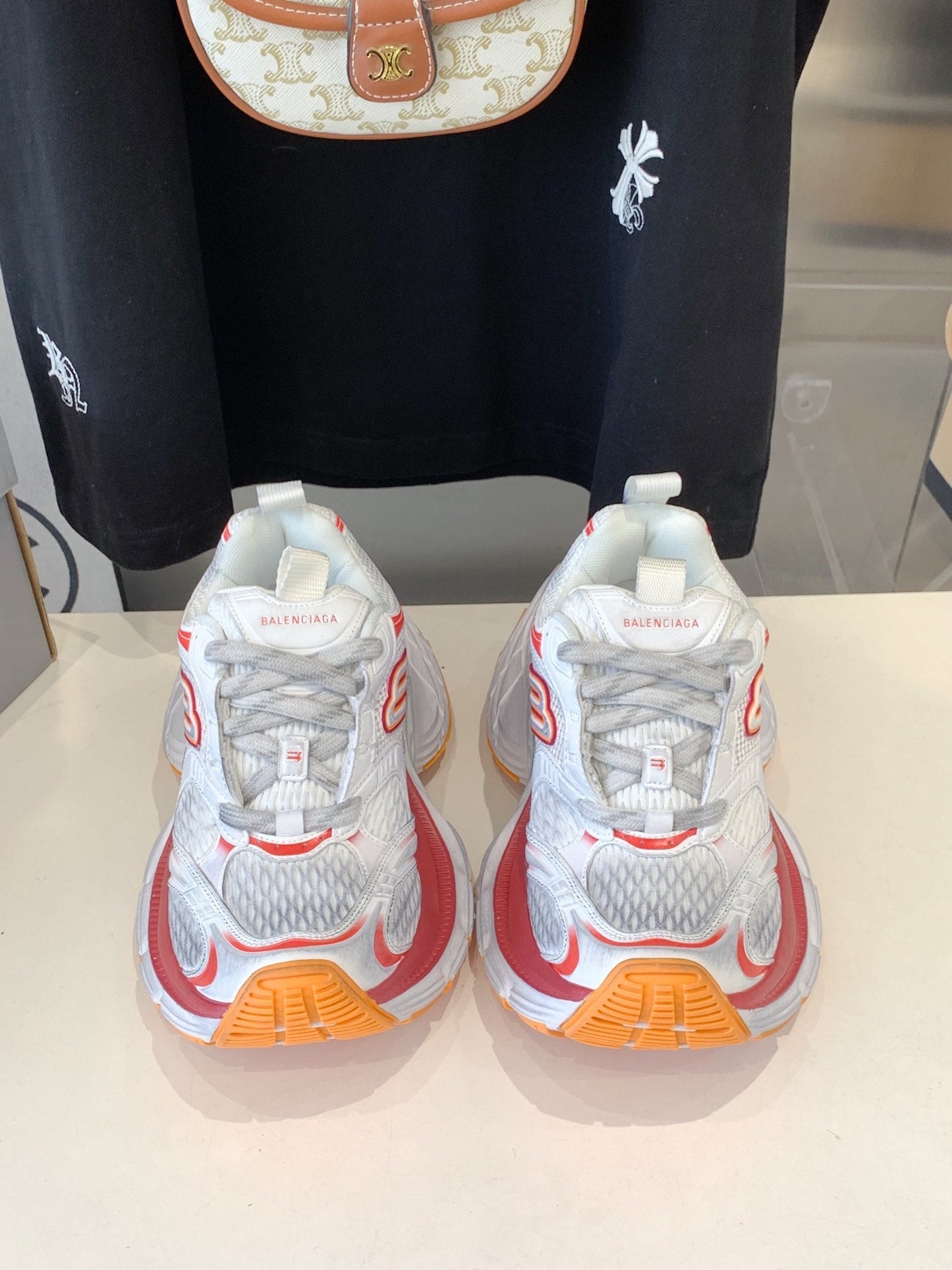 Balanciaga DAD SHOES IN RED ORANGE AND DUST WHITE MESH AND CALFSKIN