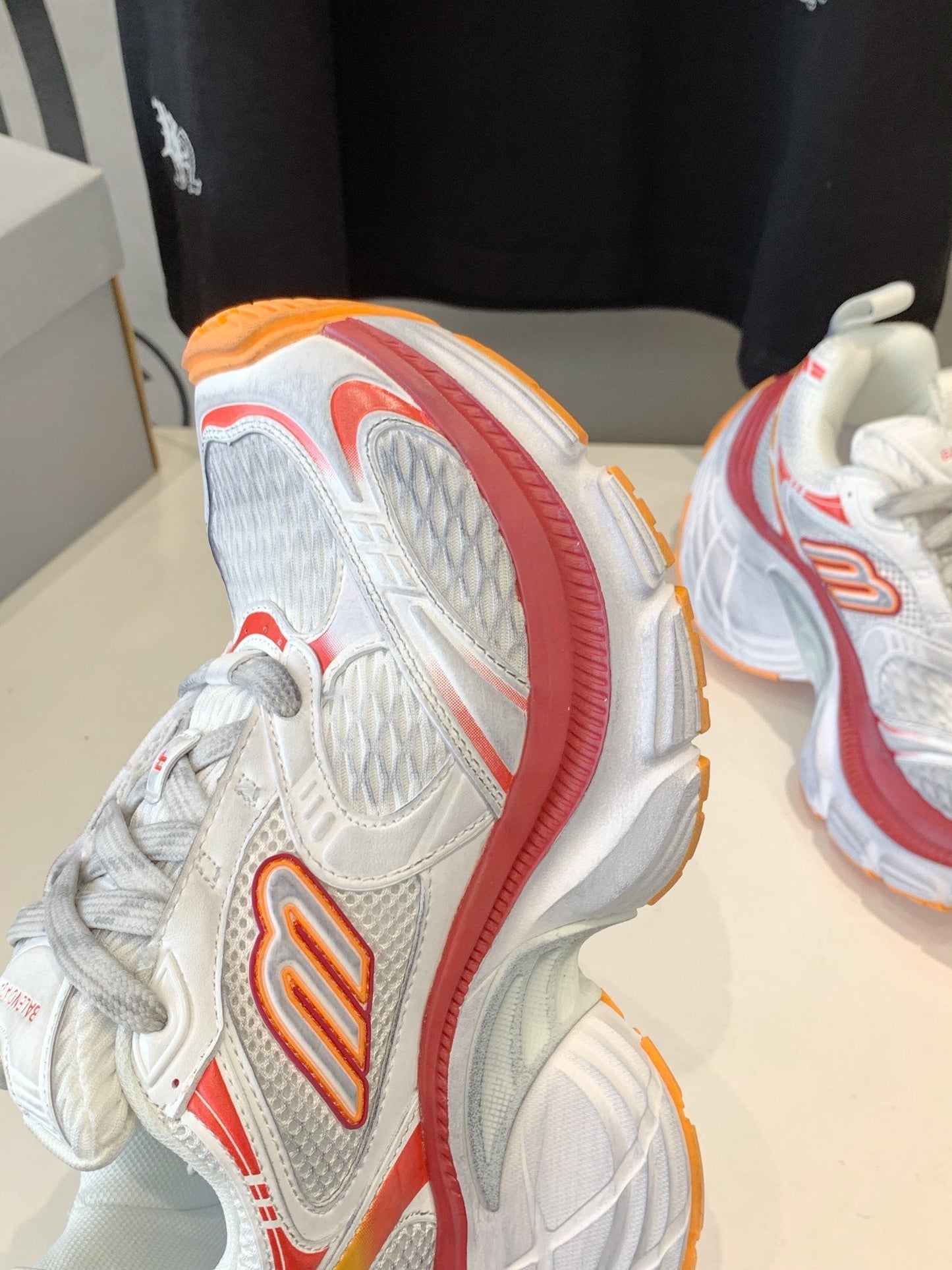 Balanciaga DAD SHOES IN RED ORANGE AND DUST WHITE MESH AND CALFSKIN